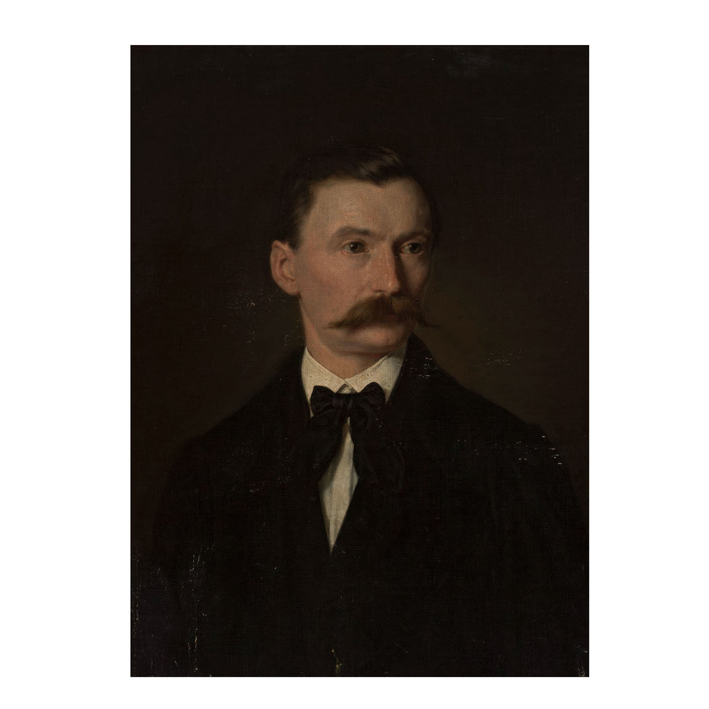 A dark classical portrait painting of a man with a mustache, wearing a black coat and bow tie against a very dark background.