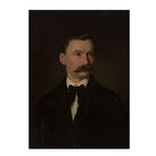 A dark classical portrait painting of a man with a mustache, wearing a black coat and bow tie against a very dark background.