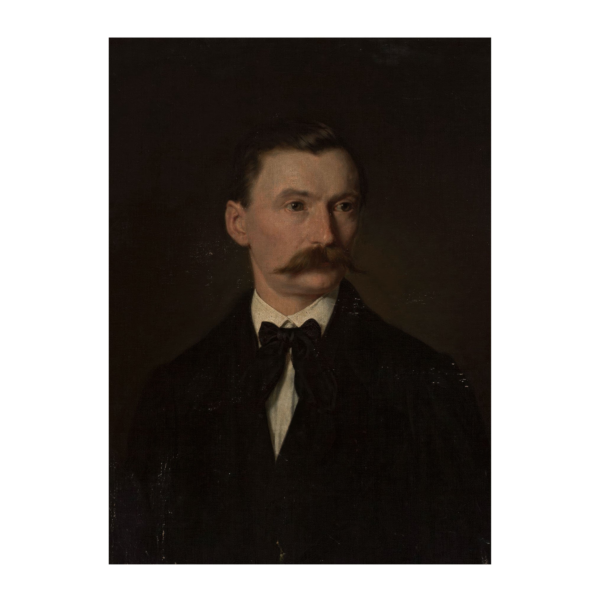 A dark classical portrait painting of a man with a mustache, wearing a black coat and bow tie against a very dark background.
