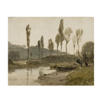 A landscape art print depicting a river scene with tall slender trees, a muddy bank, and a small boat in the foreground, rendered in muted earthy tones.