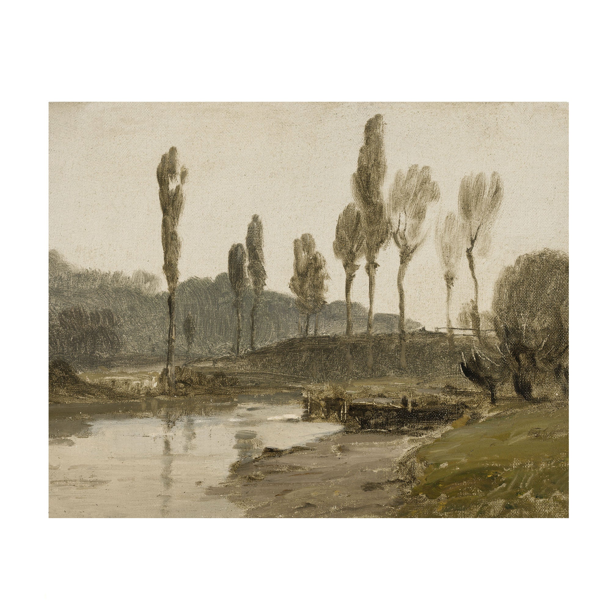 A landscape art print depicting a river scene with tall slender trees, a muddy bank, and a small boat in the foreground, rendered in muted earthy tones.