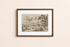 A framed art print featuring a sepia-toned landscape sketch with trees, hills, and clouds, displayed on a light beige wall.